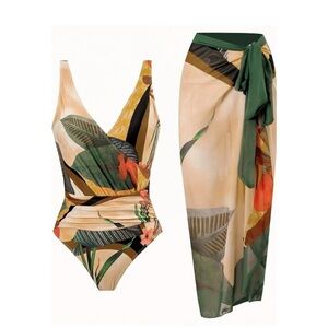 Tropical Print One-Piece Swimsuit and Sarong Set W/ Tummy Control